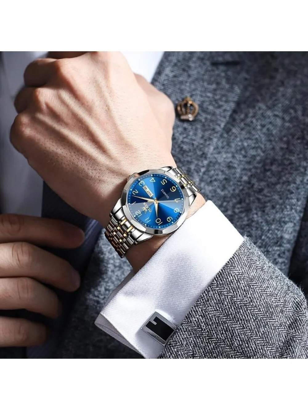 Men's Silver And Blue Stainless Steel Analog Quartz Classic Waterproof Watch